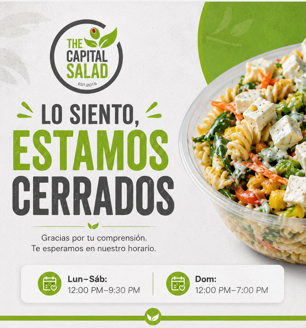 Lo siento, estamos cerrados. Lun-Sab 12:00 PM a 9:30 PM. Domingo 12:00 PM a 6:00 PM.